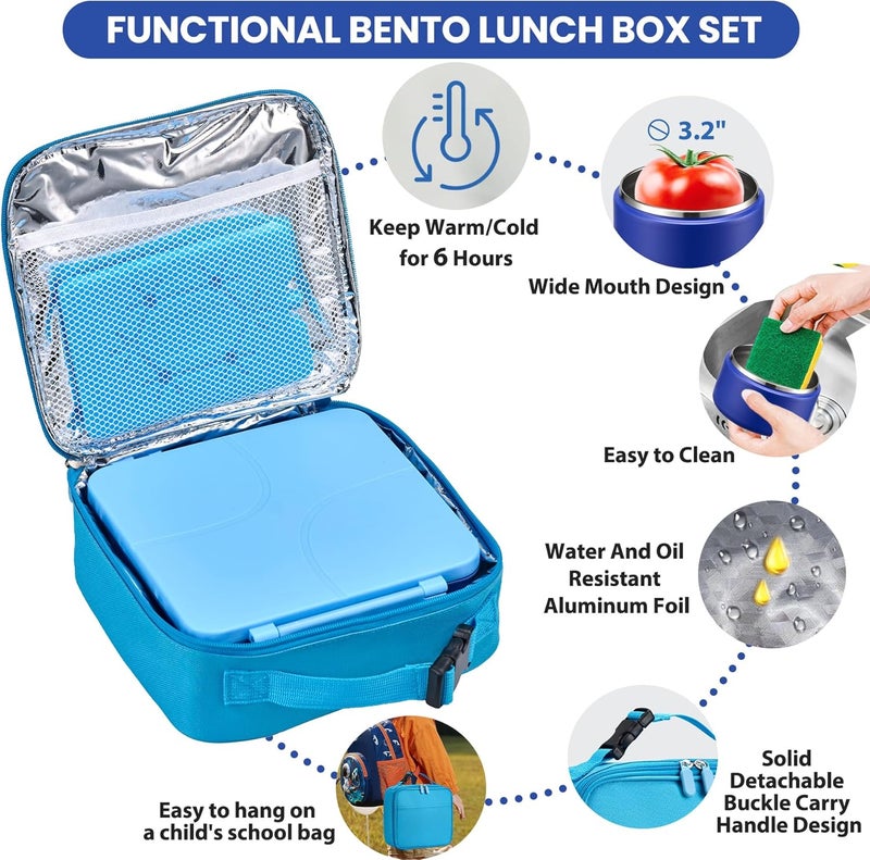 BABHAMNESS Bento Lunch Box with 8oz Soup Thermo,Kids Leakproof 4 Compartment Lunch Food Containers with Sauce Cup and Ice Pack,Kids Thermo Insulated Hot Food Jar and Lunch Bag for School,Trvael-Blue - Image 3